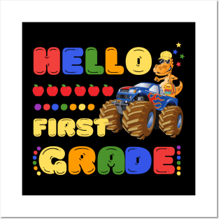 Hello First Grade, Funny Dinosaur Monster Truck Back To School Posters and Art